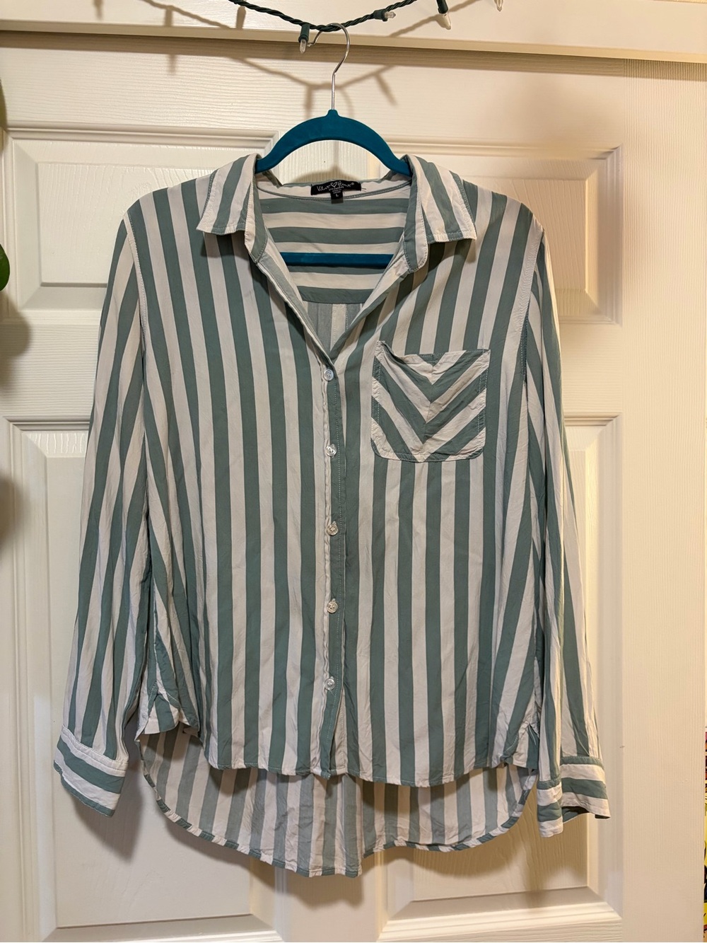Velvet Heart Green and White Vertical Stripe Button-Down Shirt
